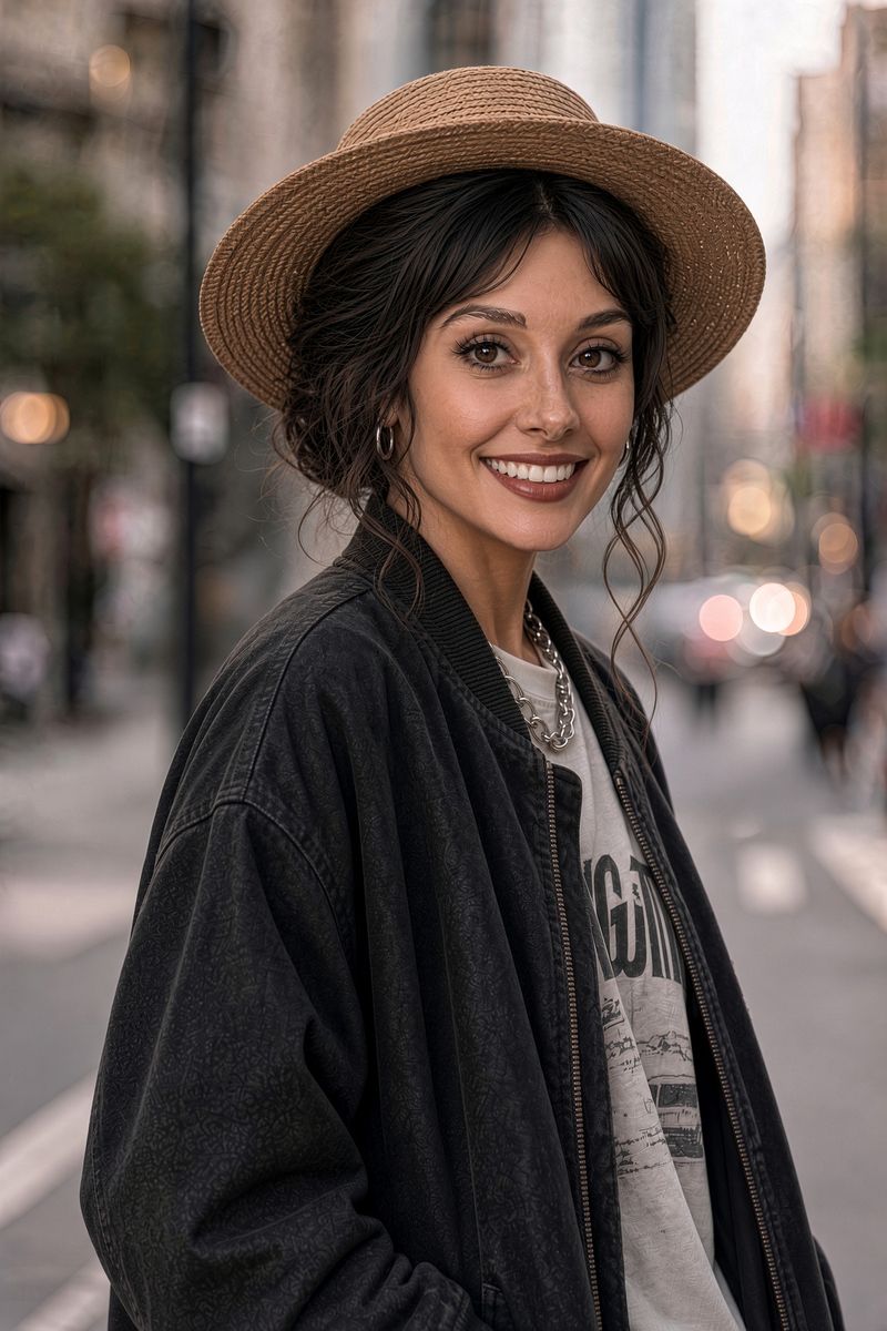 Eliza smiling in a wide straw hat and dark jacket on a city street